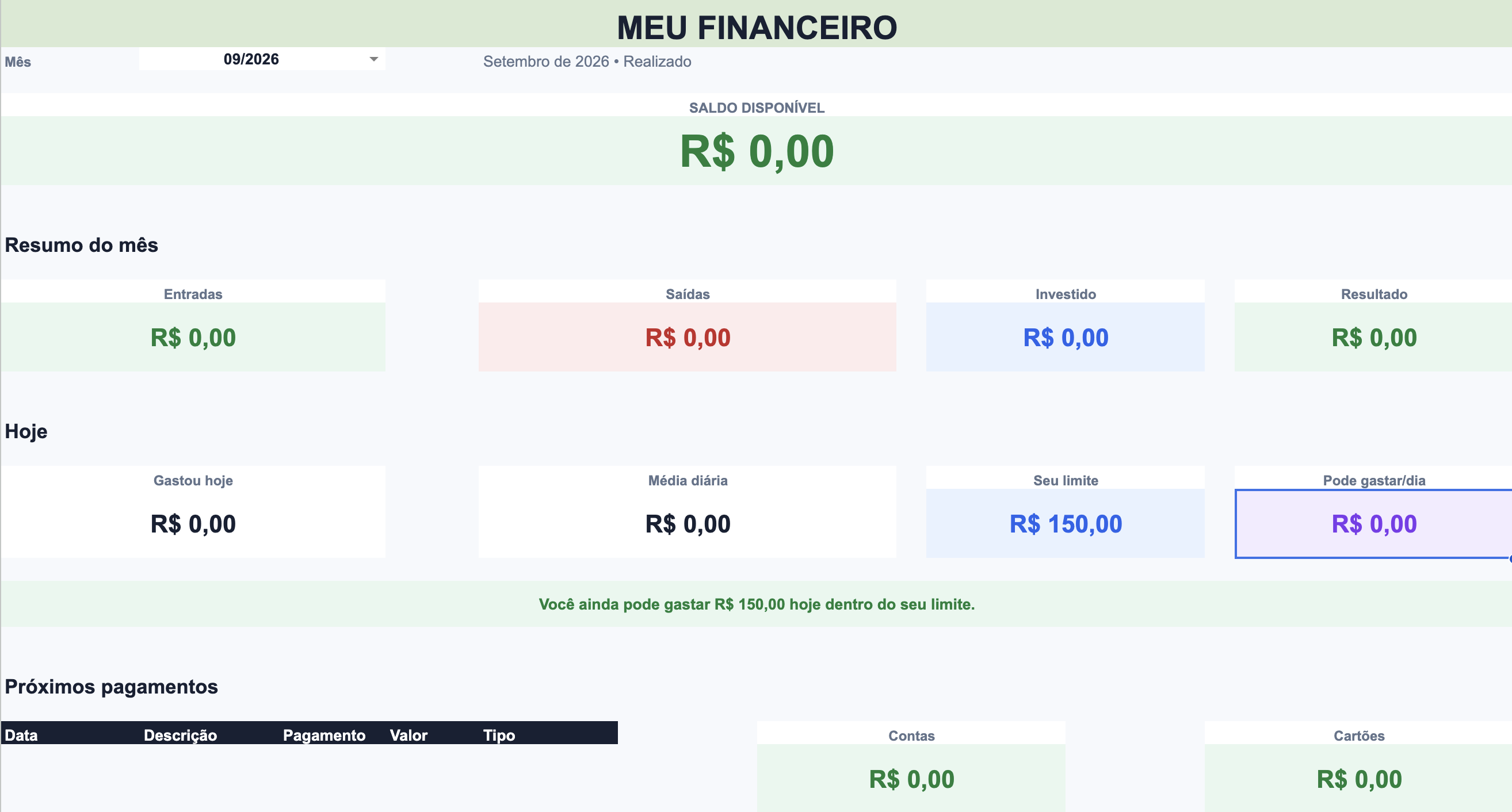 Tela real da planilha Meu Financeiro mostrando saldo disponível, resumo do mês, limite diário e próximos pagamentos